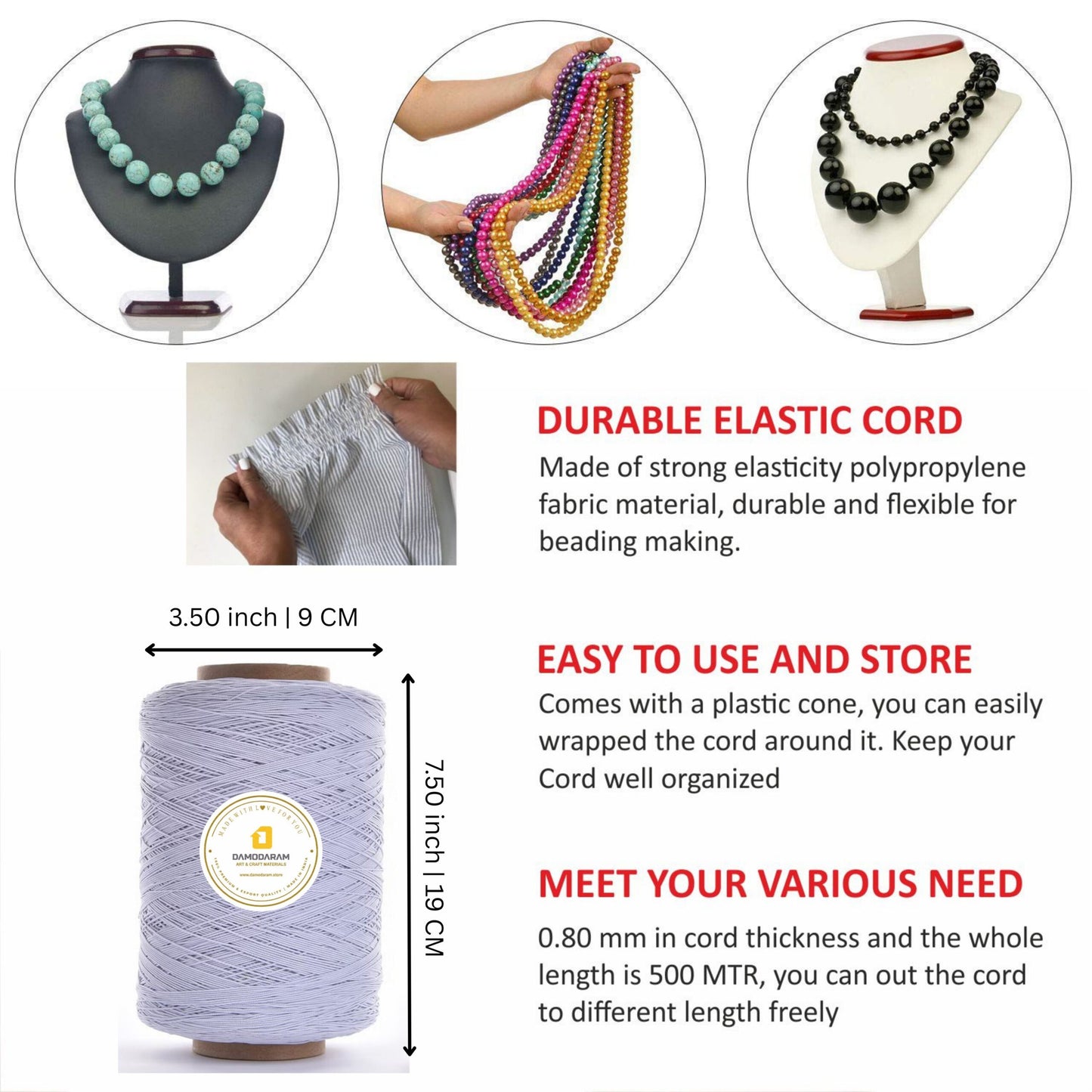 DAMODARAM 0.8mm Elastic Thread Cone for Making Jewelery, Bracelet, Necklace Beading Art Craft & DIY Projects (Each 500 MTR)