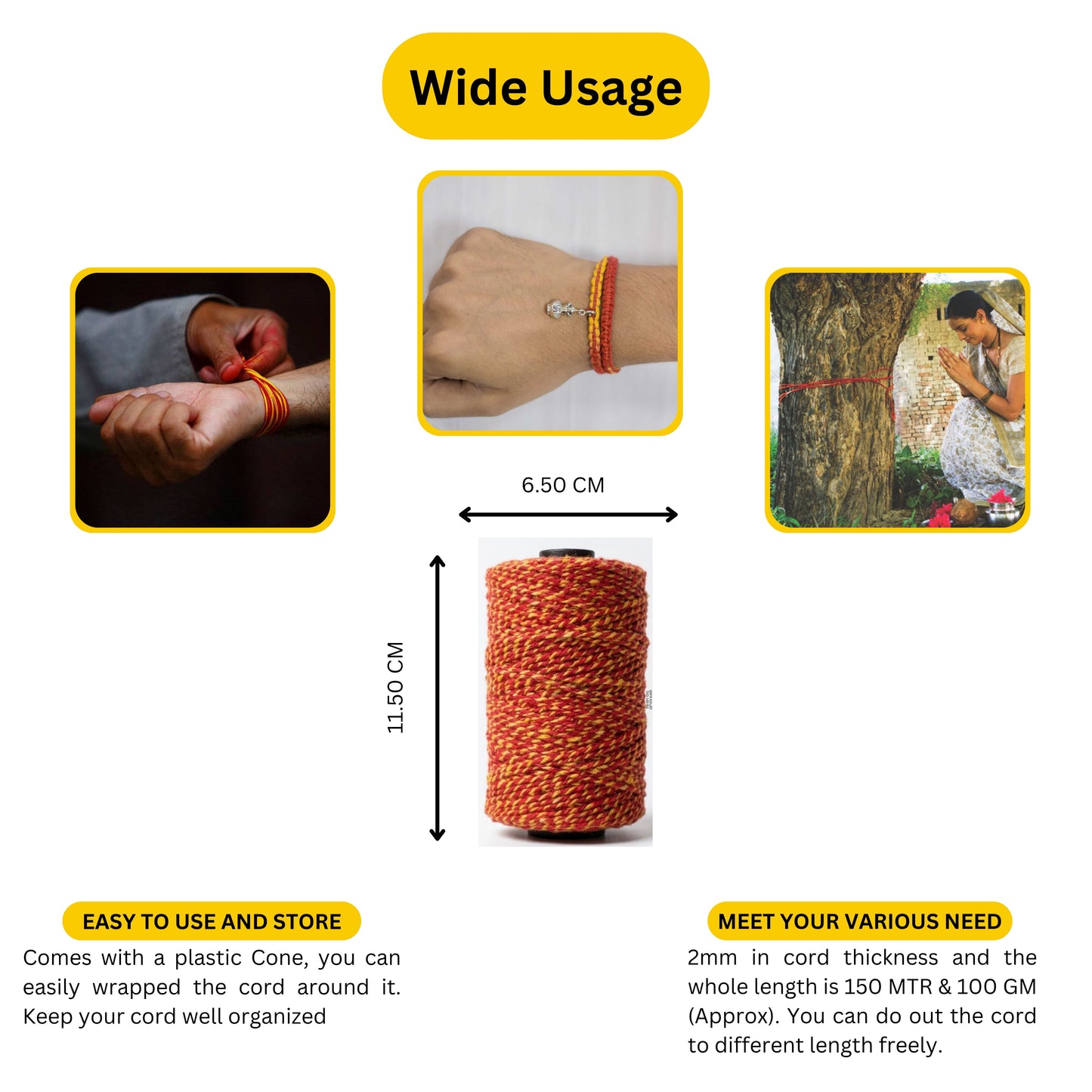 Raksha Sutra Kalawa Twisted Cotton Dori Cord for Religious & Holi purpose, Rakhi, Bracelet making (150 MTR, Red & Yellow)