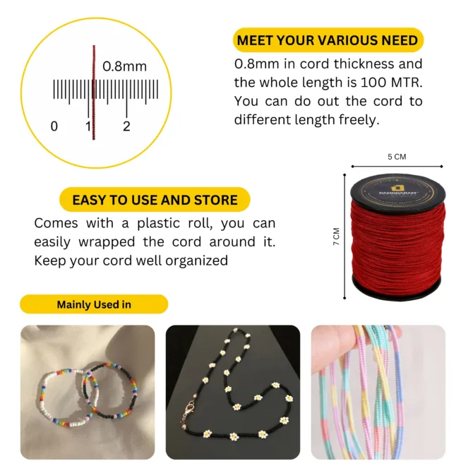 0.8mm Knitting Nylon Macrame Thread Cord Dori For Art Craft & DIY Projects (100 MTR, Red) - Image 3